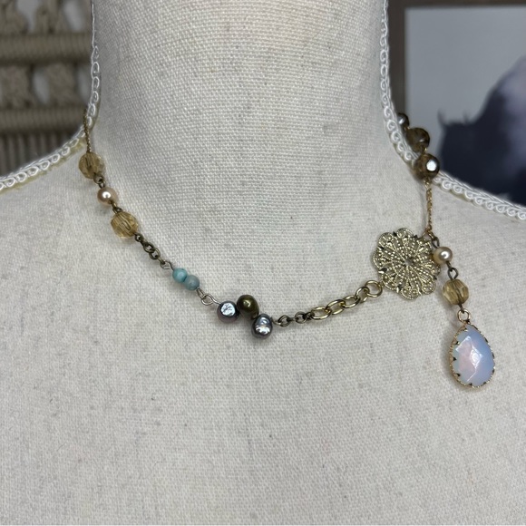 Handmade vintage and new pieces mixed up-cycled necklace with real stone pendant - Picture 9 of 13